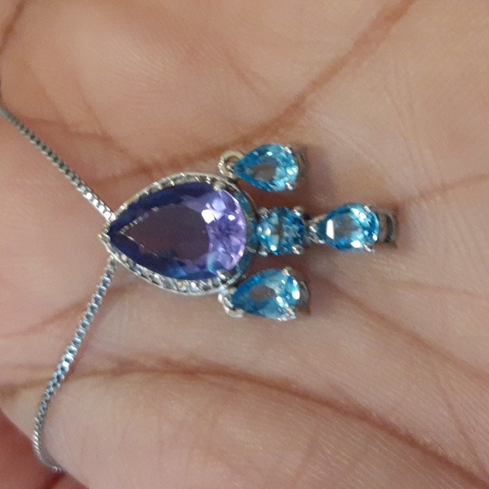 925 Genuine Color Change Fluorite And Blue Topaz Slide Pendant. - Picture 3 of 3
